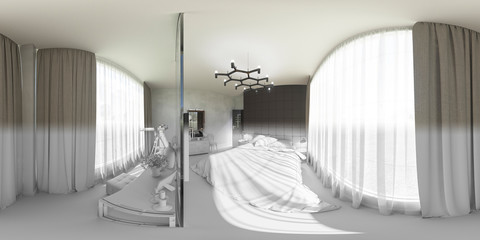 3d illustration spherical 360 degrees, seamless panorama of bedroom interior design.