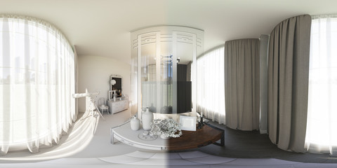 3d illustration spherical 360 degrees, seamless panorama of bedroom interior design.