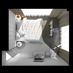 Fototapeta na wymiar 3d illustration of bedroom interior design. 3D render bedroom interior before and after texturing