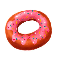 Sweet donut with pink frosting and multi-colored sprinkles.