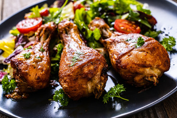 Barbecue chicken drumsticks with roast vegetables