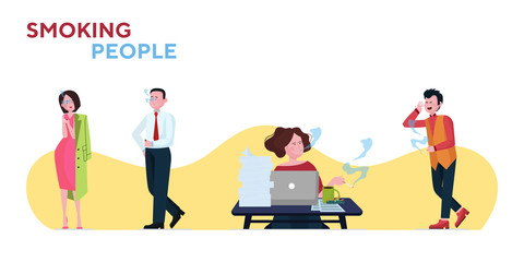 Smoking people set. Businessman, office worker at workplace, young woman with cigarettes flat vector illustration. Unhealthy habit, addiction concept for banner, website design or landing web page