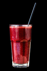 Dark red or Burgundy fruit and berry smoothie in a large glass glass on a black background, isolated