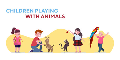 Children playing with cat and dog set. Kids holding their snake and parrot flat vector illustration. Pets, animal care, petting zoo concept for banner, website design or landing web page