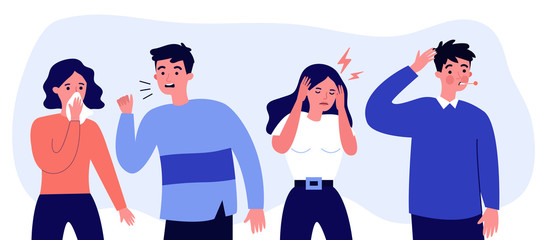 Young people suffering from flu symptoms flat vector illustration. Cartoon infographic person sneezing and coughing. Sad woman with headache. Healthcare and sickness concept.