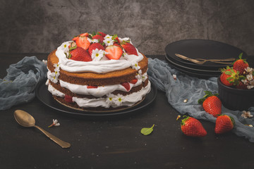 Sponge cake with fresh strawberries