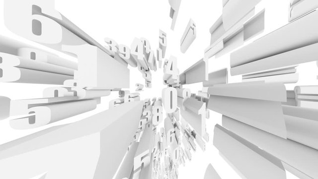 Abstract white numbers are pulled deep into the screen at high speed.