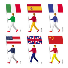 Coronavirus concept. Set flat people in medicine masks and gloves with flags. Standard bearers infographic - Italy, Spain, France, USA, United Kingdom and China.