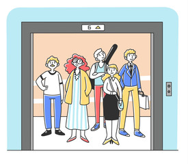 Group of different people standing inside elevator flat vector illustration. Cartoon characters waiting in lift with open doors. Communication and transportation concept