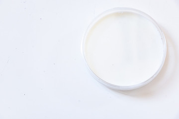 White on white petri dish set. Clinical medical background with capsule white and liquid. Copyspace for text on blank template of a petri dish. Pharmaceutical research background.