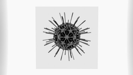 3d illustration of black color with white glowing triangle-round block virus shape concept floating in the gray square and white background 