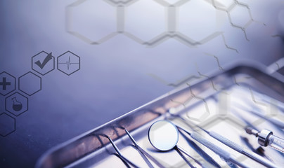 Equipment for the dental office. Orthopedic Instruments. Dental technician with working tools. Dentist metal tools.