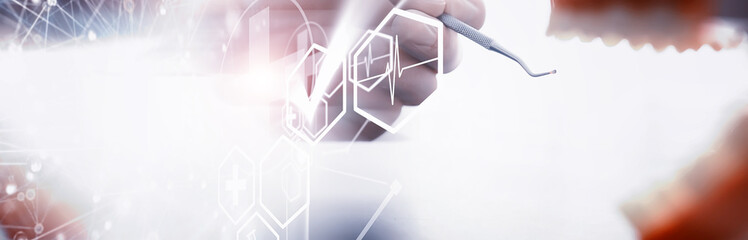 Dentist's office. Dentist examines the oral cavity before treatment. The doctor shows a course of treatment. Caries jaw treatment. Implantation and installation of veneers.