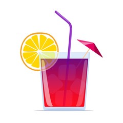 Exotic cocktail with straw, lemon wedge and umbrella. Summer beach bar cocktail. Vector illustration.