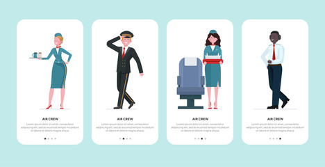 Air crew set. Stewardess, pilot, captain flat vector illustration. Airliner staff, occupation, travel concept for banner, website design or landing web page