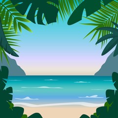 Fototapeta na wymiar Summer background with sea, sand, palms, mountains and place for your text. Good for flyer, booklets, poster. Vector colorful illustration in flat style.