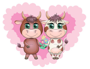 A cute cartoon couple of cow and bull in flowers with beautiful big eyes. Symbol of the year 2021 according to the Chinese calendar