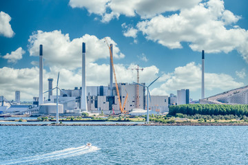 Industries and wind turbines in the port - obrazy, fototapety, plakaty