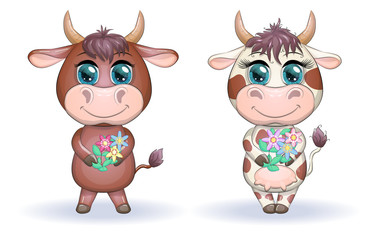 A cute cartoon couple of cow and bull in flowers with beautiful big eyes. Symbol of the year 2021 according to the Chinese calendar. Children's illustration
