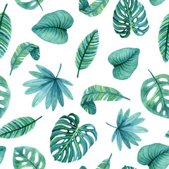 Watercolor seamless pattern of hand-drawn leaves.