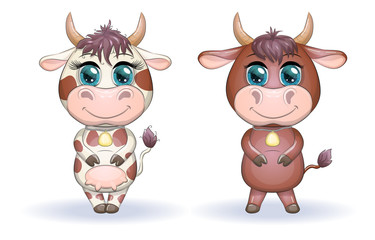 A cute cartoon couple of cow and bull in flowers with beautiful big eyes. Symbol of the year 2021 according to the Chinese calendar. Children's illustration