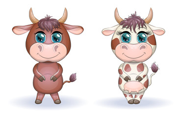 A cute cartoon couple of cow and bull in flowers with beautiful big eyes. Symbol of the year 2021 according to the Chinese calendar. Children's illustration