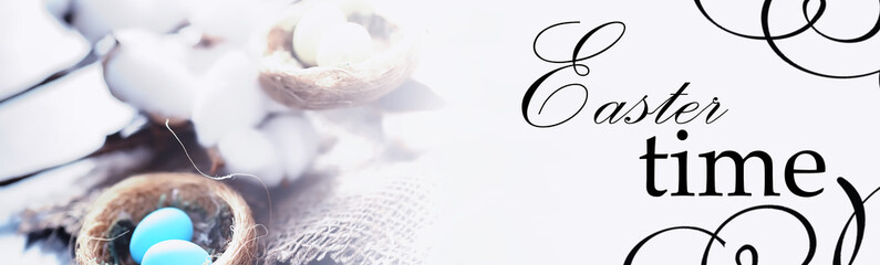 Bird's nest with eggs. Willow branches and first greens. Easter background. Palm Sunday. Christian holiday. Spring background.