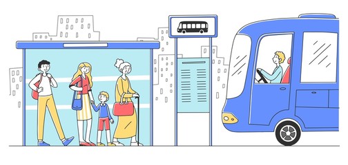 Passengers waiting for bus and standing at bus stop flat vector illustration. Driver sitting in auto. Man and woman with bag, backpack and suitcase. Transportation and public transport concept