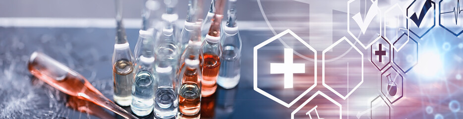 Test tubes with drugs and tests to test the victims and treat the infected. Ampoules with medicines. Set of test tubes with medicine.