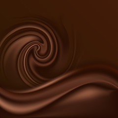 Chocolate wave and swirl. Abstract smooth silk wavy background, chocolate color flow. Vector illustration