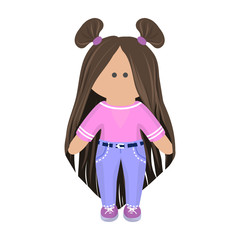 Cute girl doll with long brunette hair in pink t-shirt and blue jeans and violet sneakers. Children's cartoon character rag doll in summer clothes. Vector illustration