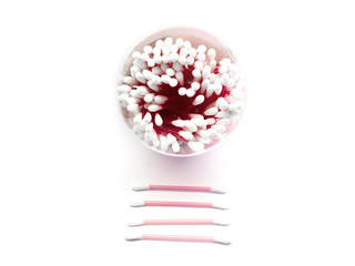 Cotton buds isolated on white background. Earwax sticks. A set of ear sticks. Personal hygiene. Ear care.