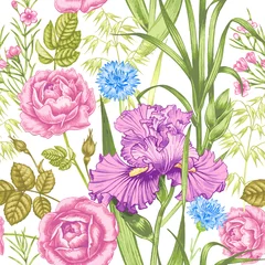 Nahtloses Vektormuster mit Rosen und Schwertlilien. © marinavorona