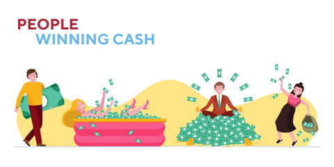 People winning cash prize set. Heap of money, bath with dollars, sack of banknotes flat vector illustration. Wealth, income, profit concept for banner, website design or landing web page