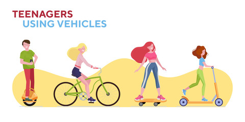 Teenagers using urban vehicles set. Young people riding scooter, bike, skateboarding flat vector illustration. Leisure, activity, eco transport concept for banner, website design or landing web page © Bro Vector