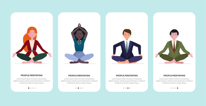 People meditating set. Men and women sitting in lotus pose, making zen gesture flat vector illustration. Yoga, stress relief, recreation concept for banner, website design or landing web page