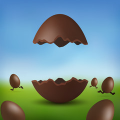 Chocolate egg 3D Happy Easter. Broken brown Easter egg, running eggs, blurred green grass field, blue sky meadow background. Design hunt decoration Delicious holiday dessert, Vector illustration