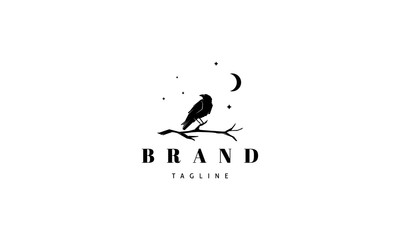 Vector logo on which an abstract image of a raven sitting on a branch under the moon.