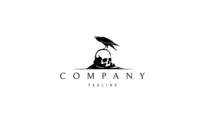 Vector logo on which an abstract image of a raven sitting on a skull.