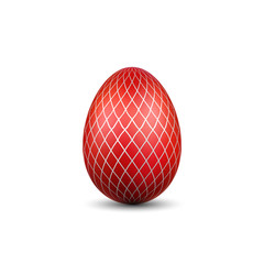 Easter egg 3D icon. Red silver egg, isolated white background. Bright realistic design, decoration for Happy Easter celebration. Holiday element. Shiny pattern. Spring symbol. Vector illustration