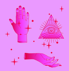 Hand drawn palms and the eye of providence in simple line art style. Vector illustration for tattoo design, fashion print or patches.
