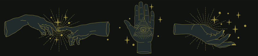 The Hand of the Philosopher, Palm with The Eye of Providence. Set of vector illustrations for tattoo design or fashion print in simple line art style.