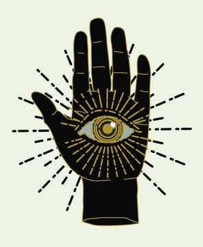 The Hand of the Philosopher, Palm with The Eye of Providence. Vector illustration for tattoo design or fashion print in simple line art style.