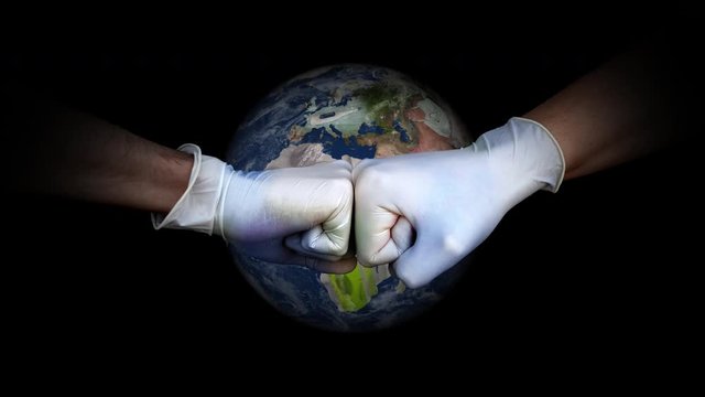 Coronavirus Covid-19 Fist bump. Hands of friends in medical gloves. Planet Earth battle. United States, Europe, America, Africa, China, Russia, India. Unity concept. War against Virus.