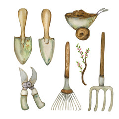 Watercolor illustration of a set of garden items, pruner, rake, wheelbarrow with earth, pitchfork, branch, spade. Hand-drawn with watercolors and suitable for all types of design and printing.