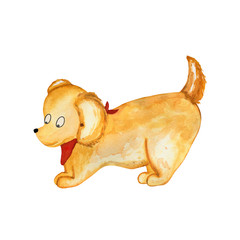 Watercolor illustration of a labrodore puppy in a red scarf. Hand-drawn with watercolors and suitable for all types of design and printing.