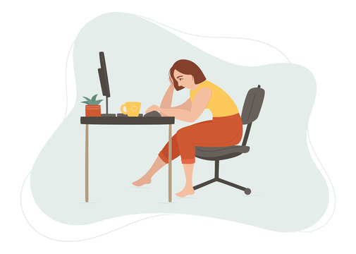 Young tired woman works at home at the table. Girl sitting on a chair barefoot. Colorful vector hand drawn illustration on abstract light blue cloud. Remote work and freelance concept.