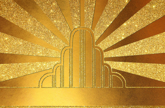 Glittery metallic gold or brass art deco graphic background with copy space. A representation of rays of light over a city "enlightening". A vintage retro illustration