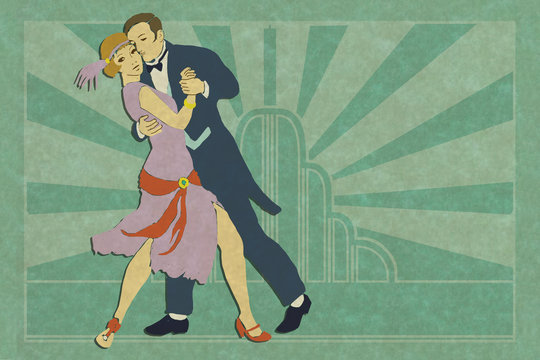 Illustration of vintage look art deco couple dancing. Roaring twenties, thirties dance party. Girl is in a purple and red flapper dress and the man is wearing a tuxedo. Apple green graphic background.