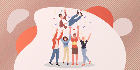 Happy guy celebrating birthday. Friends tossing mate in air flat vector illustration. Party, friendship, event, fun concept for banner, website design or landing web page